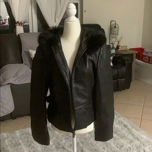 Anne Klein faux fur hooded/ faux leather jacket